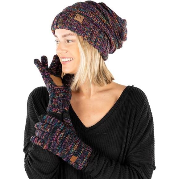 Womens Hat and Gloves Set Matching Winter Beanie Gloves with Touchscreen Fingers - Picture 1 of 6